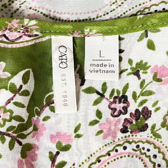 Cottagecore Sheer Ruffle Womens Lg Green Pink Paisley Floral Tunic Top Boho Ties - Picture 7 of 10